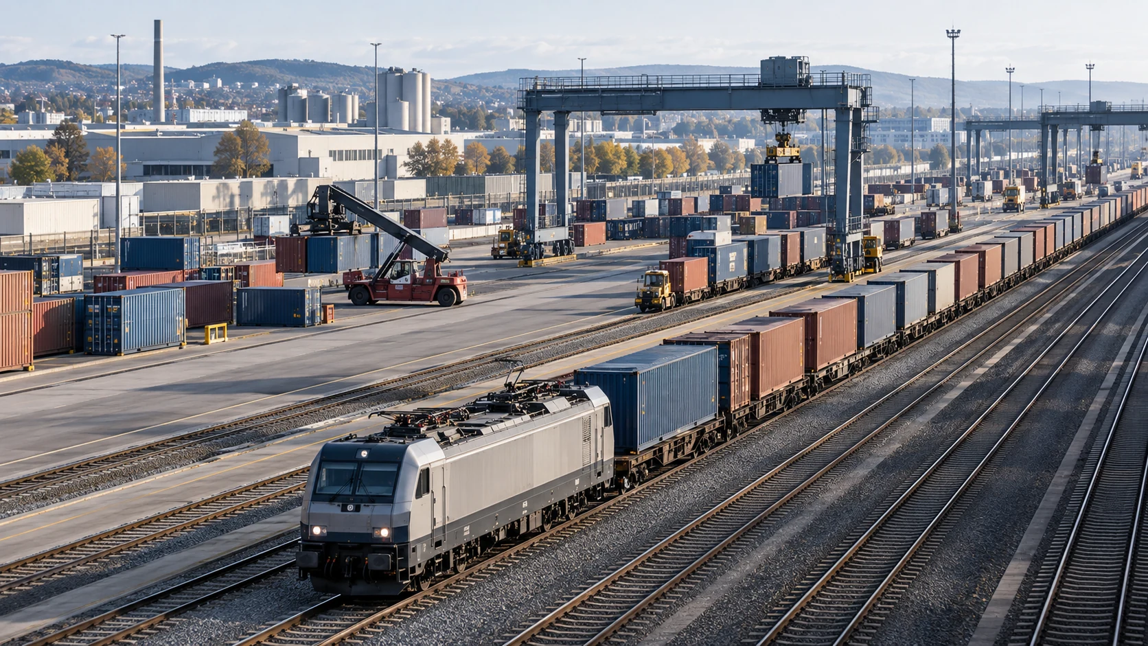 Elevated view of a freight terminal with parallel tracks, a cargo train and industrial buildings.