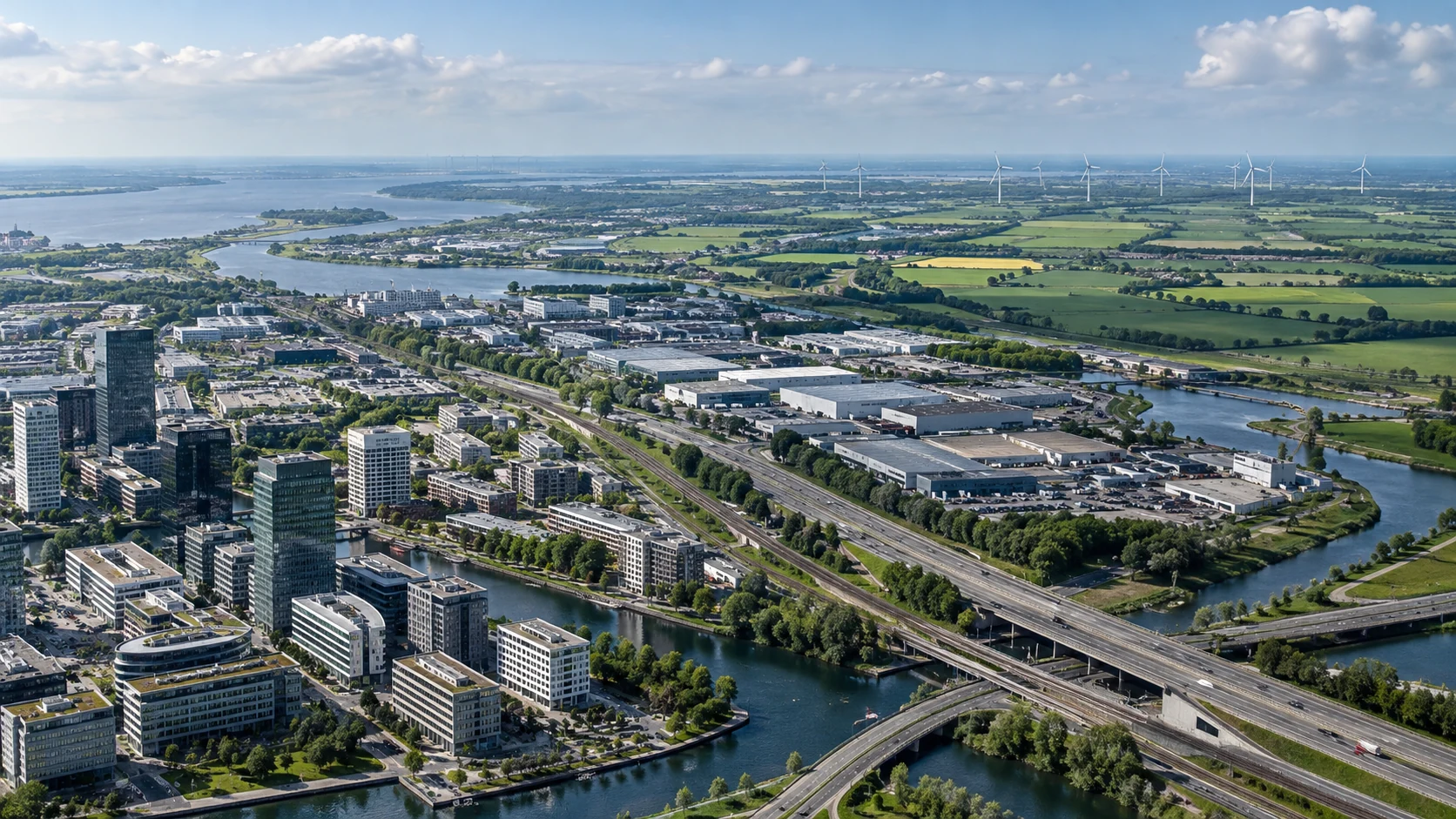 Aerial view of a landscape with offices, industrial buildings, transport routes, green fields and wind turbines.