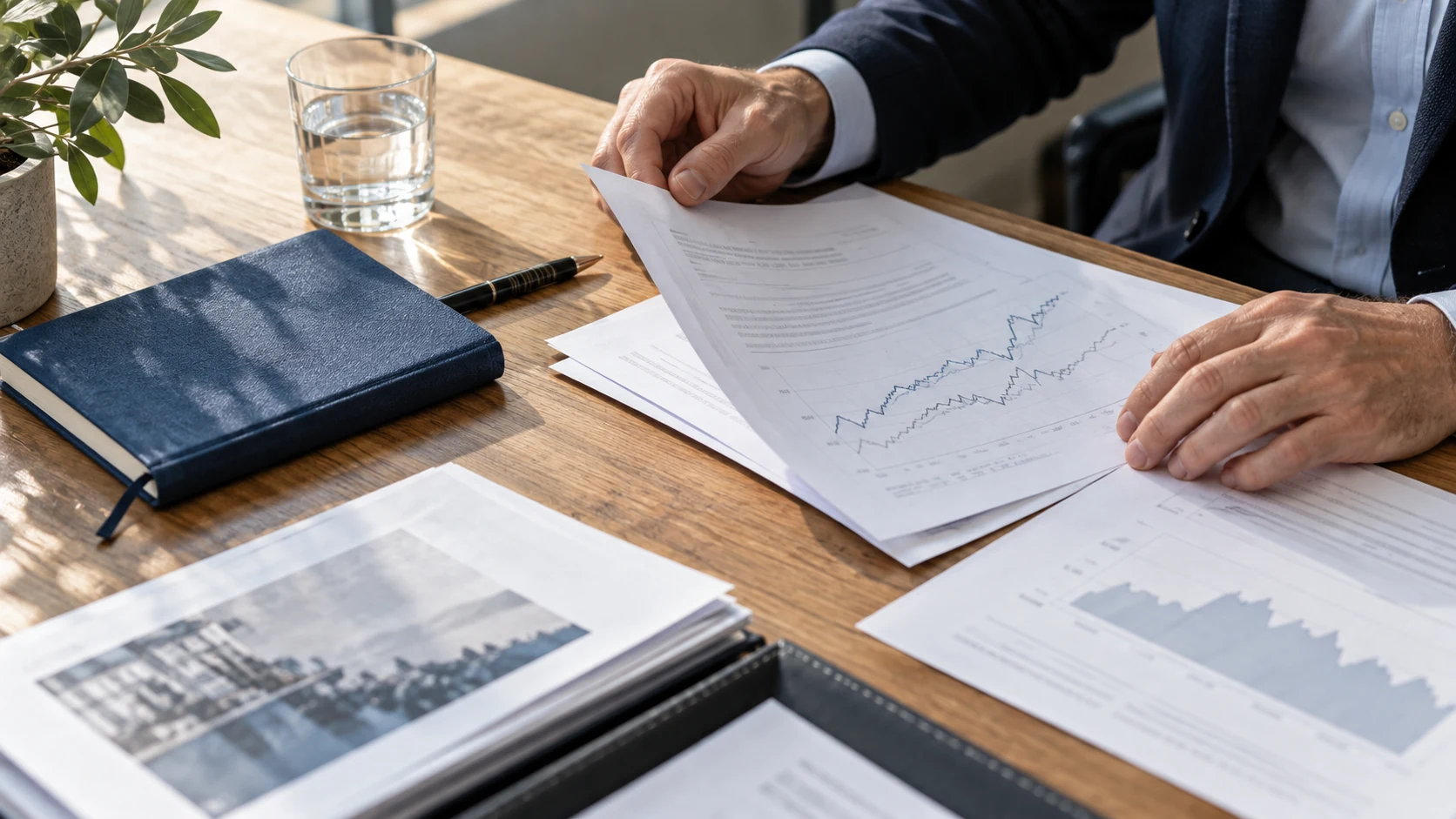 Hands organize research papers beside a blue notebook and a pen on a wooden table.