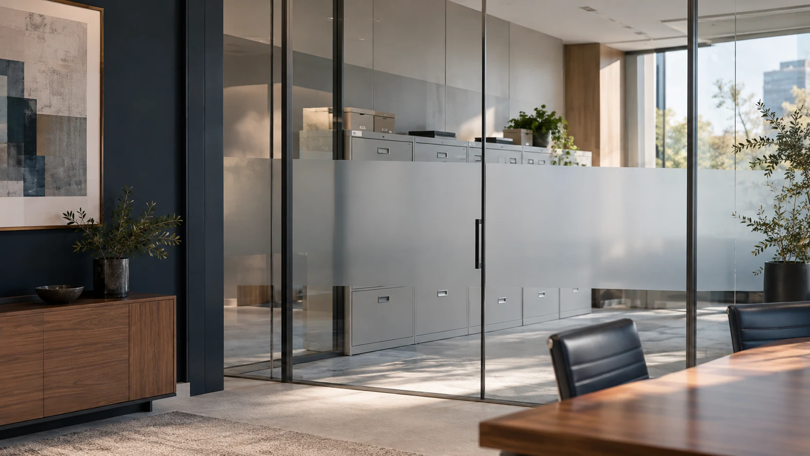 Bright records room with closed gray filing cabinets behind frosted glass and a wooden table.