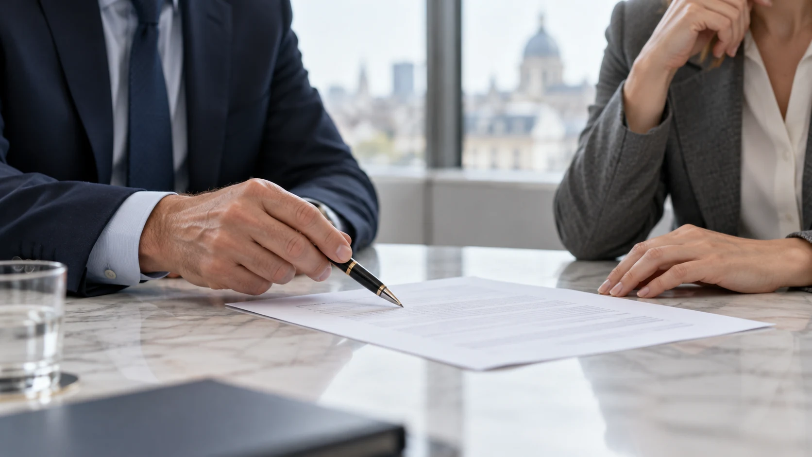 Two people review a document at a pale conference table, pointing to it with a pen.