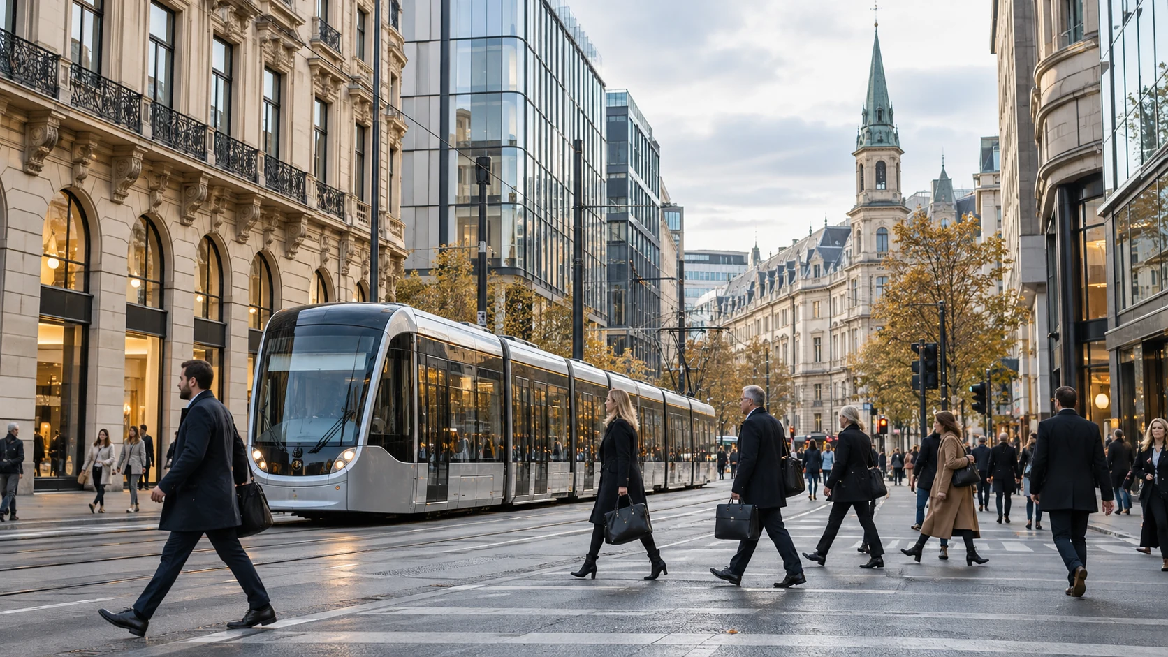 Eine Straßenbahn fährt zwischen historischen Steinfassaden und modernen Bürogebäuden an einem Fußgängerüberweg vorbei.