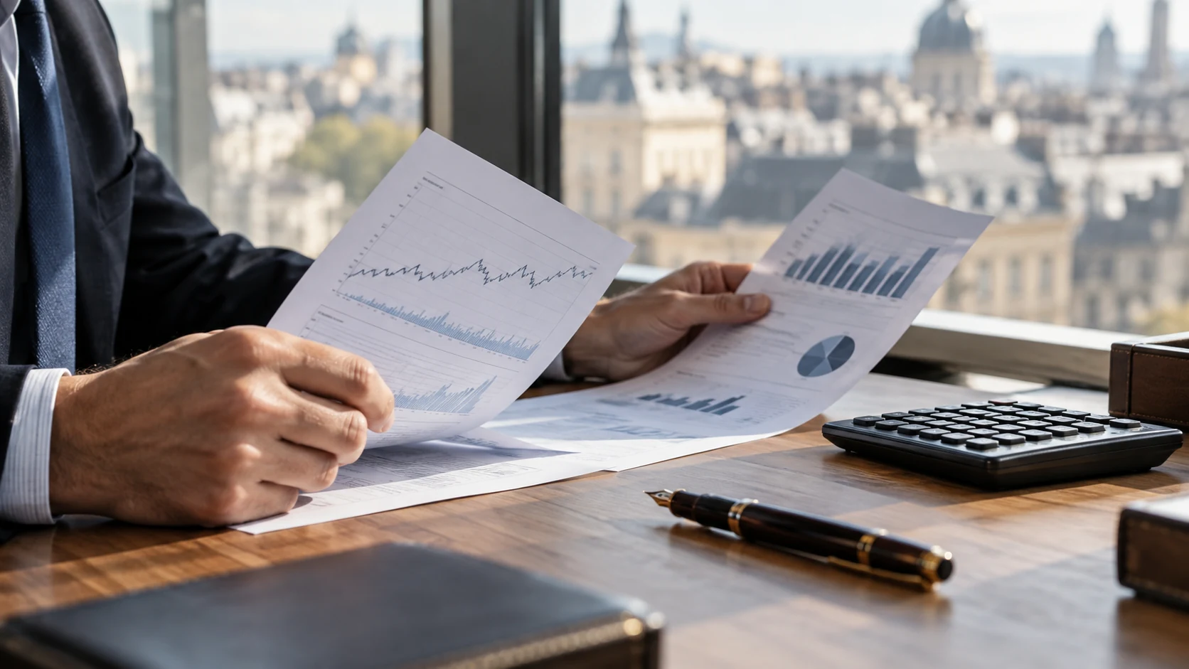 Hands compare two research documents beside a calculator and a fountain pen on a desk.