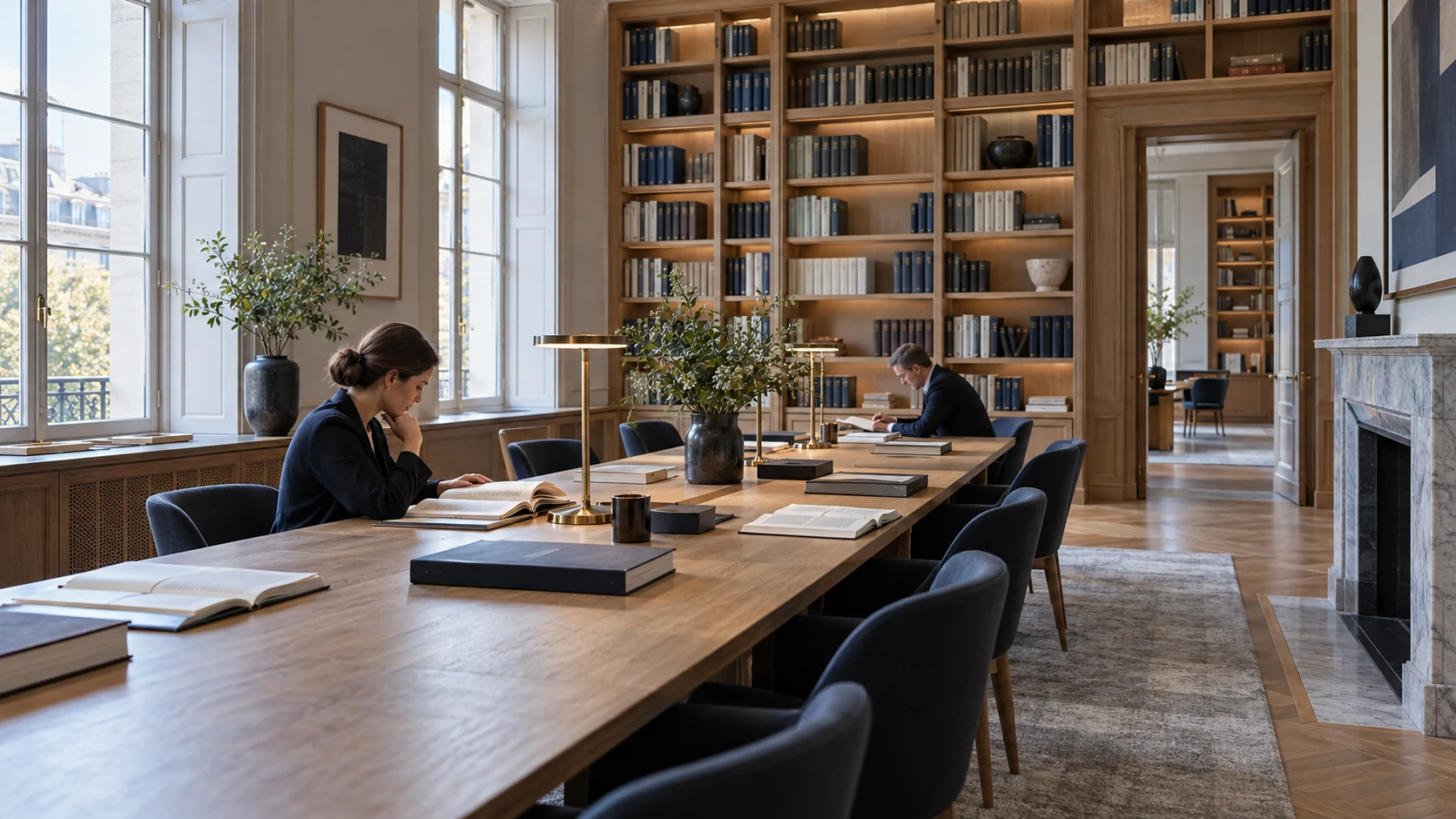 Bright reading room with oak shelves, open journals on a long table and two readers.